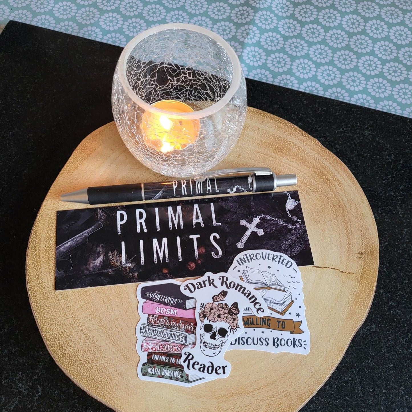 Primal Limits matching pen, bookmark, and stickers