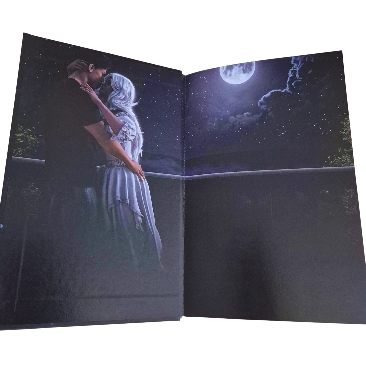Open book with a person in a white dress against a night sky with a moon and stars.