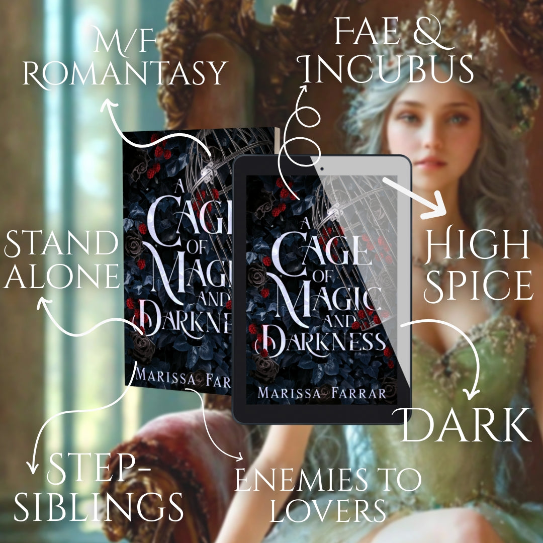 Book cover of 'A Cage of Magic and Darkness' by Marissa Farrar with listed tropes.