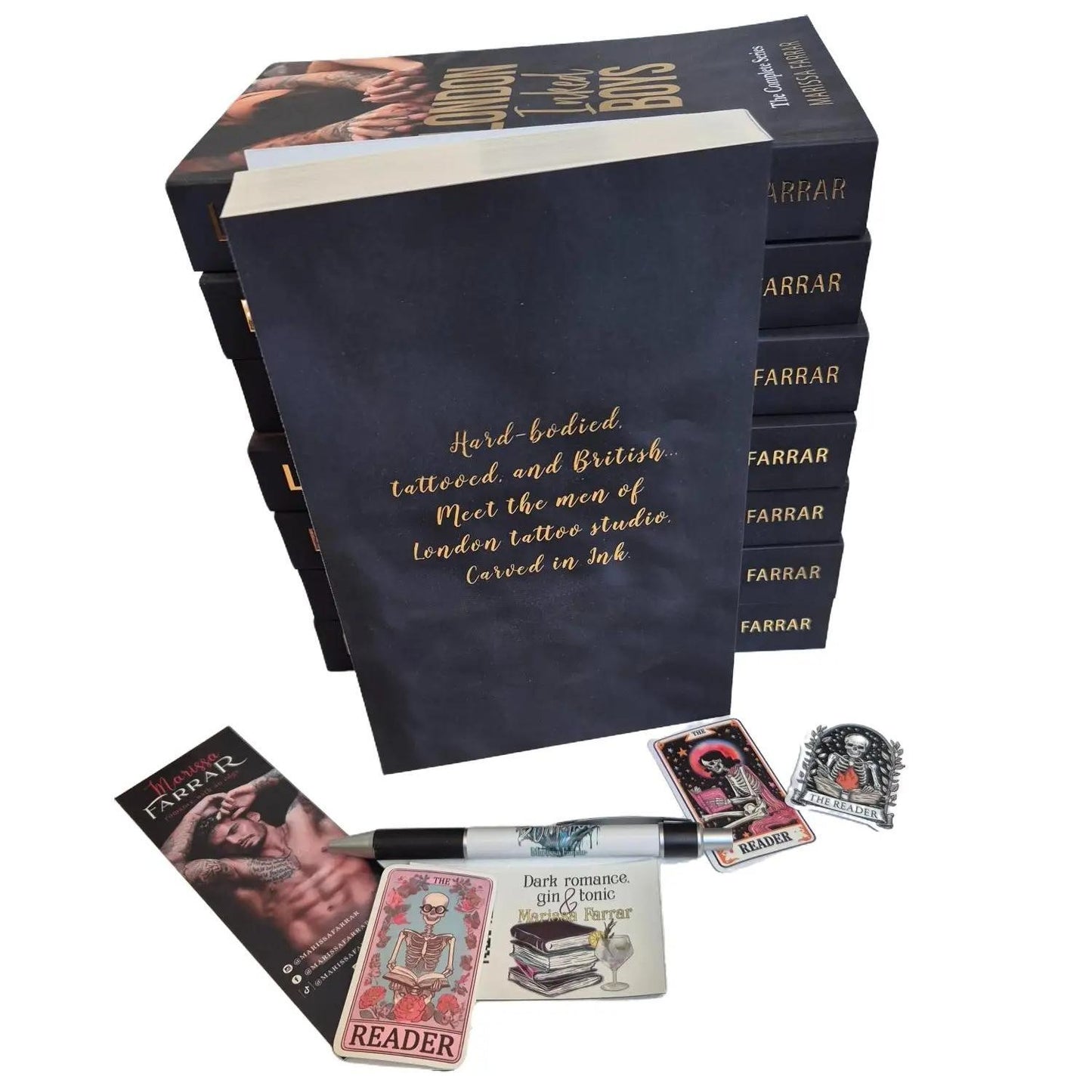 Collection of books, cards, and a pen with 'Farrar' branding on a white background
