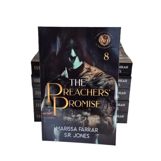 Book titled 'The Preachers' Promise' by Marissa Farrar and S.R. Jones with a dark cover featuring a figure.