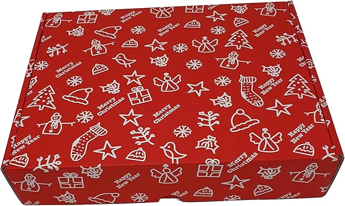 Red box with white Christmas-themed patterns on a white background