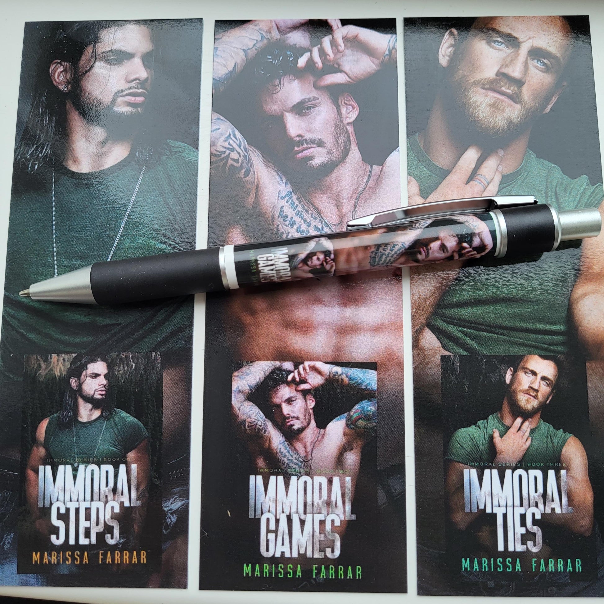 The Why Choose Forbidden romance Immoral Series by Marissa Farrar Pen and bookmarks