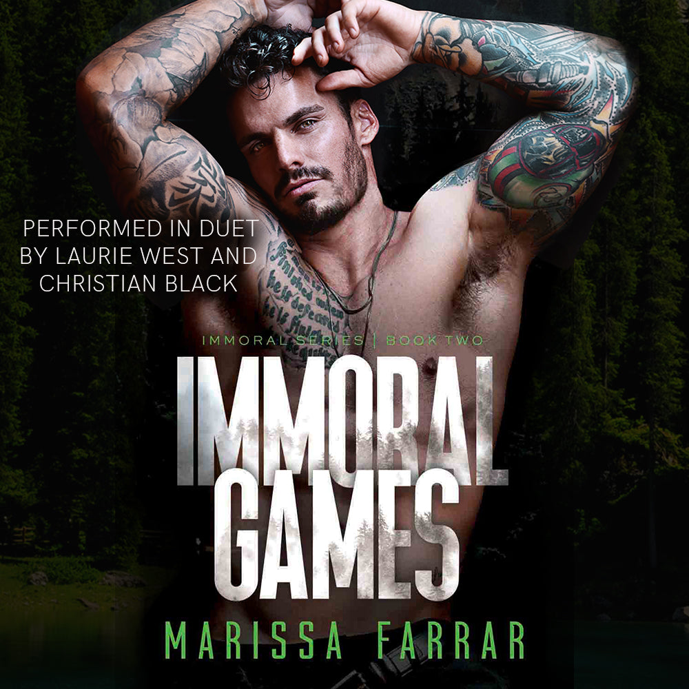Book cover of 'Immoral Games' with a person with tattoos against a dark background